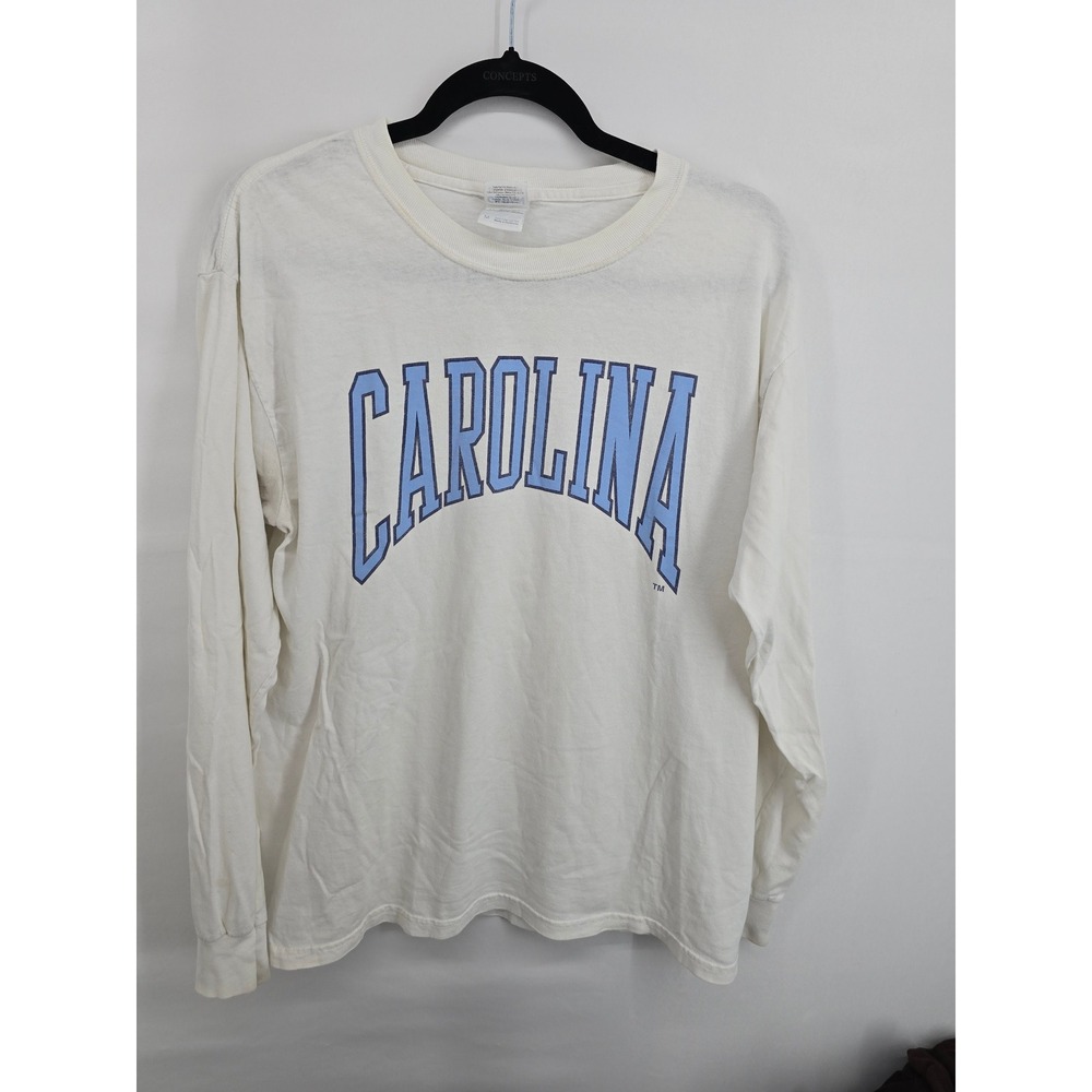 Gildan Ultra Cotton Carolina Long Sleeve T-Shirt White Blue Mens Medium